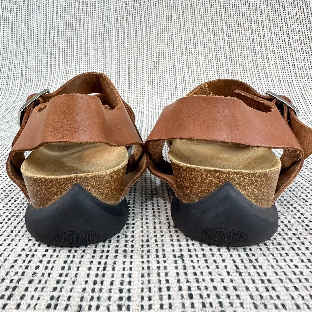 John Fluevog Peacemakers Sandals Men Size 10 Brown Leather Triple Buckle Cork